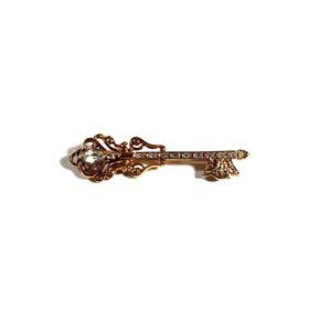 Rhinestone Key Pin Brooch Gold Tone 1.25" Fashion Collectable Realtor Real Home
